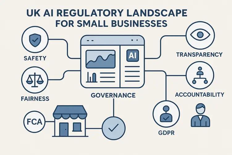 Digital dashboard illustration showing UK AI regulation framework with five principle pillars, regulatory body icons, GDPR compliance symbols, and small business elements interconnected in a professional network diagram.