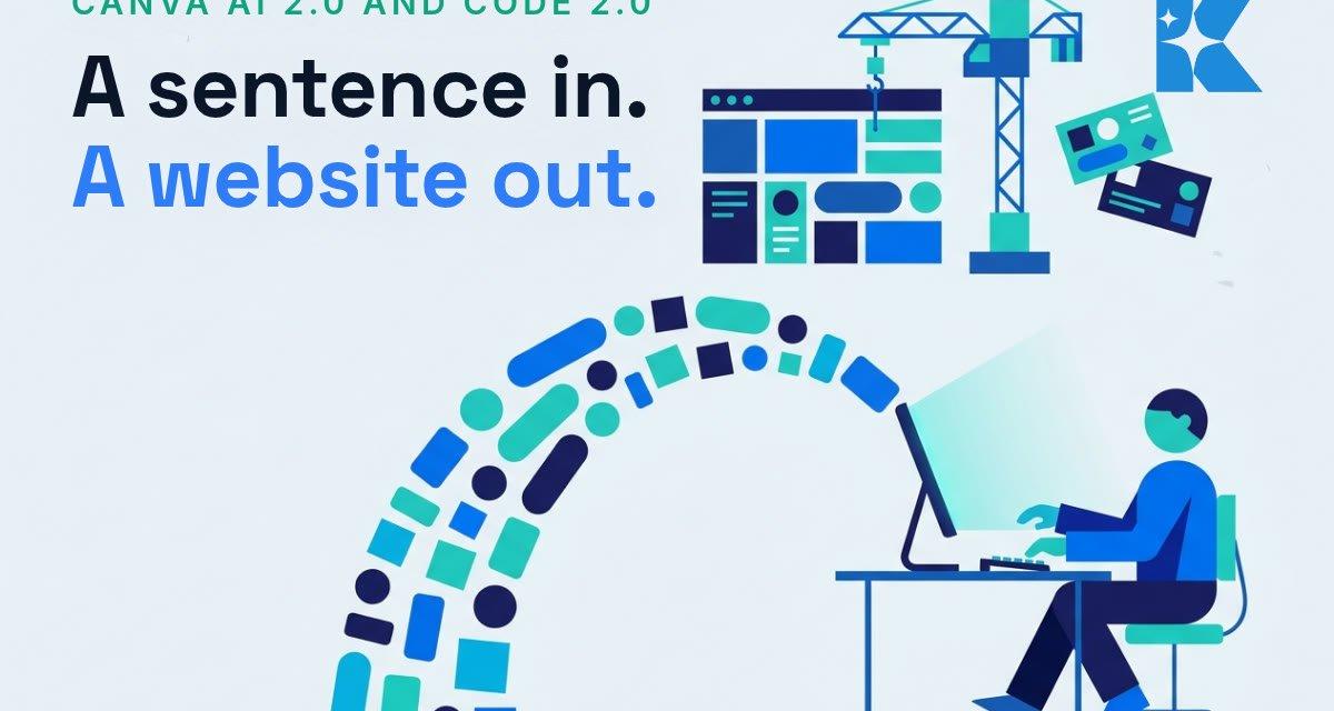 Flat vector illustration of a business owner typing one line while geometric shapes assemble into a website