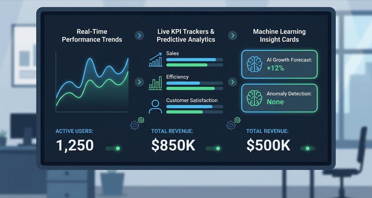 A dark-mode AI business dashboard on a widescreen monitor displaying real-time KPI charts, predictive analytics panels, and colourful data visualisations including line graphs and bar charts with blue and green glowing accents.