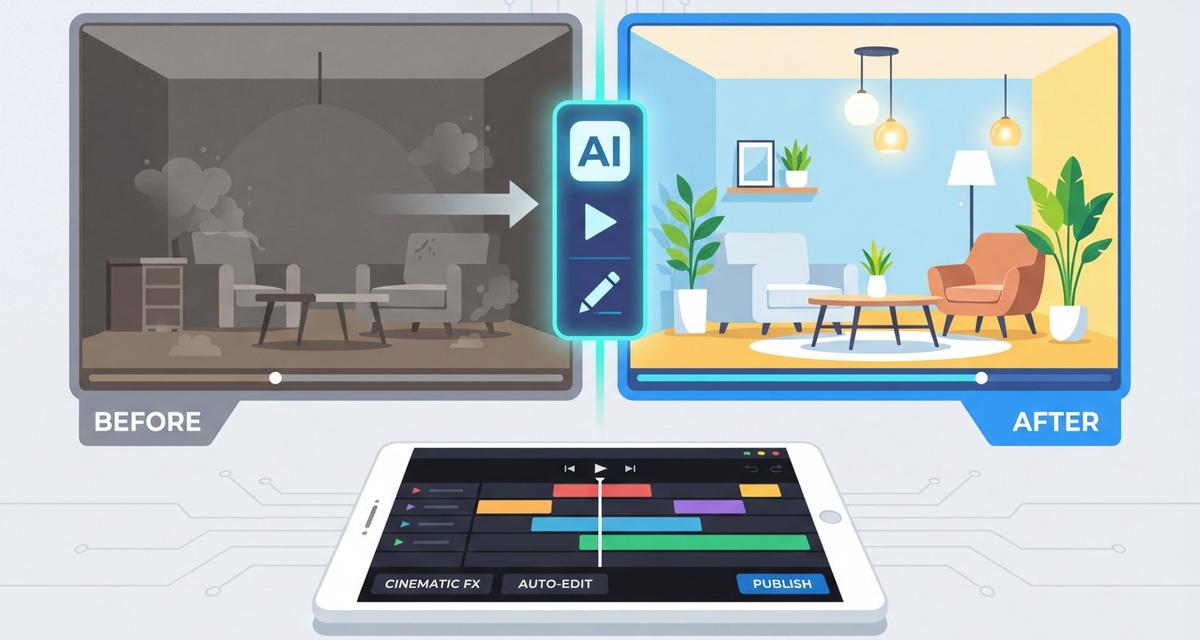 Split-screen image showing a before-and-after room transformation with a glowing AI video editing interface overlaid, featuring a tablet displaying a cinematic video timeline in the foreground against a bright, modern background.