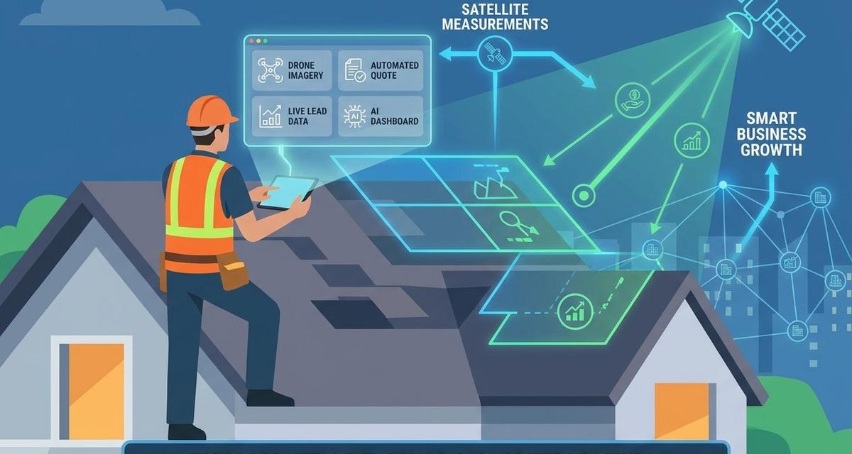 A roofing contractor on a residential roof holding a tablet displaying an AI-powered dashboard with drone satellite imagery, automated quote line items, and real-time lead capture data overlays.
