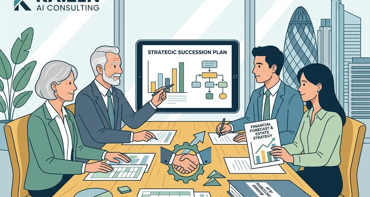 Senior and younger business professionals collaborating over financial documents and planning materials in a modern office, representing family business succession planning across generations.