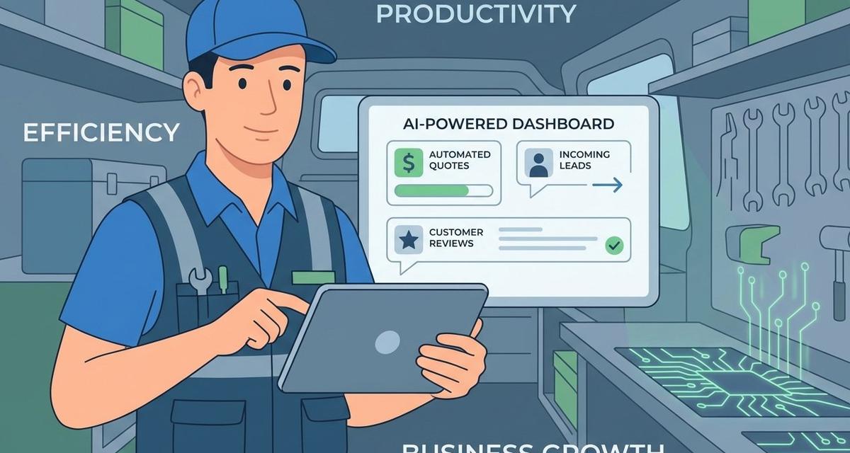 A male plumber in a blue uniform holding a tablet displaying an AI business dashboard with automated quotes, lead notifications, and customer review alerts, set against a workshop background.