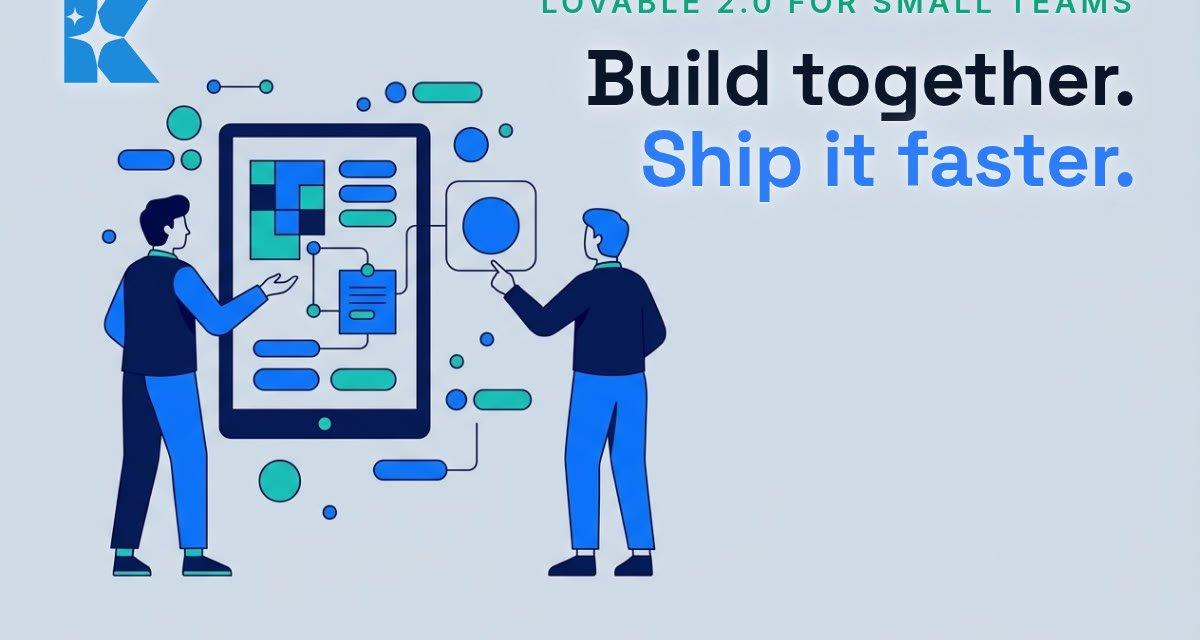 Illustration of two colleagues collaborating in a shared Lovable workspace showing a flowchart-style app builder interface