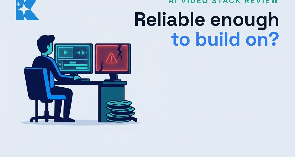 Flat vector illustration of a video editor at a desk with a working monitor and a cracked, warning-lit monitor, symbolising Higgsfield AI video reliability issues