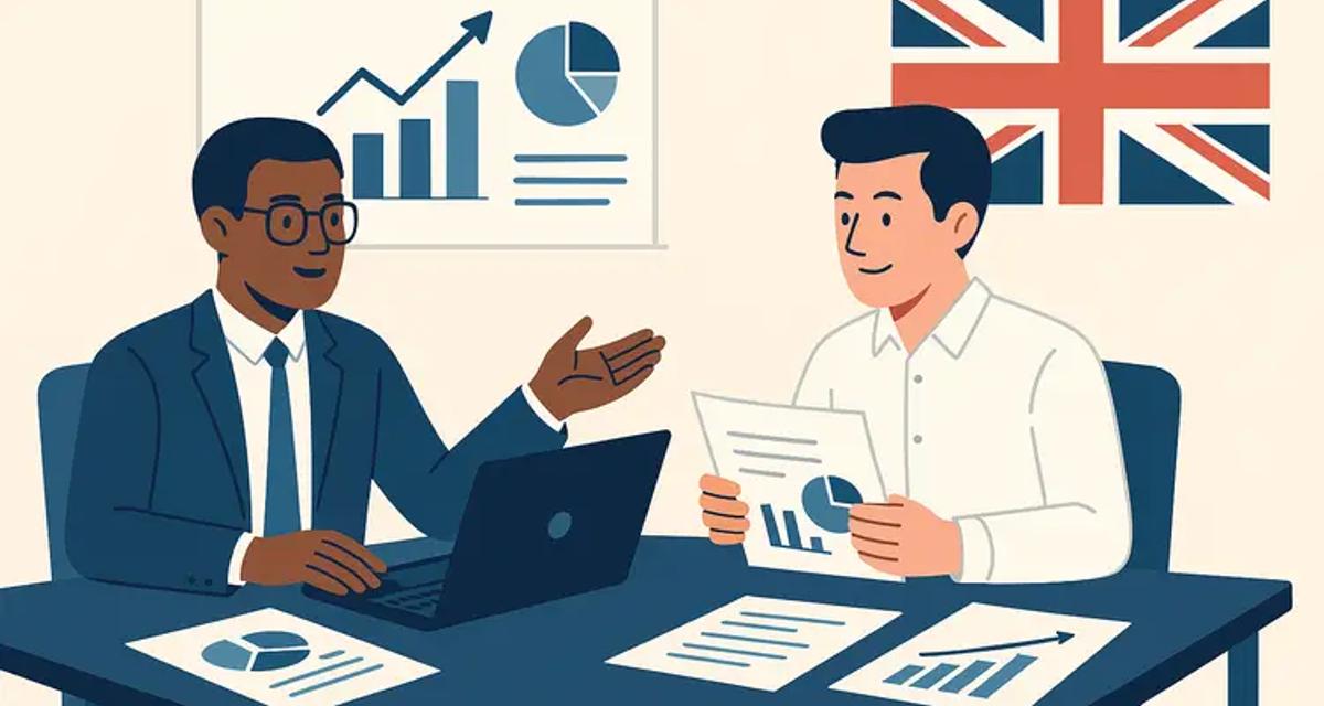 A professional financial consultant in business attire working with a business owner reviewing financial charts and reports on a laptop in a modern UK office setting