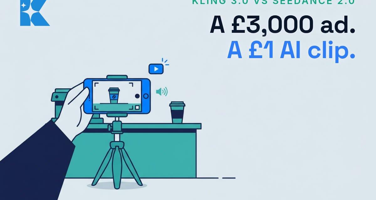 Flat vector illustration of a hand filming a coffee cup with a smartphone on a tripod, representing affordable new AI video generation tools