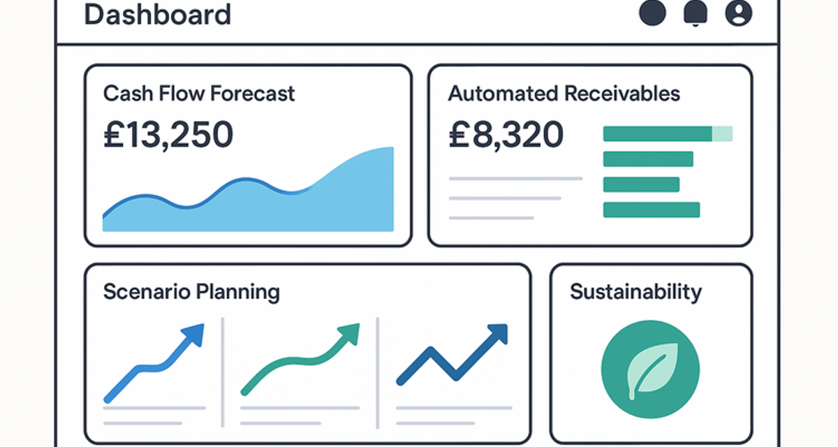 Digital financial dashboard showing real-time cash flow graphs, AI forecasting analytics, and automated money management tools designed for UK small and medium-sized enterprises.