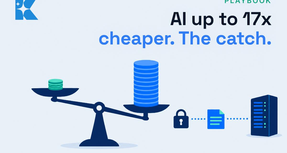 Flat illustration of weighing scales with a small stack of teal coins against a tall stack of blue coins, beside a padlock, document and server joined by a dotted line