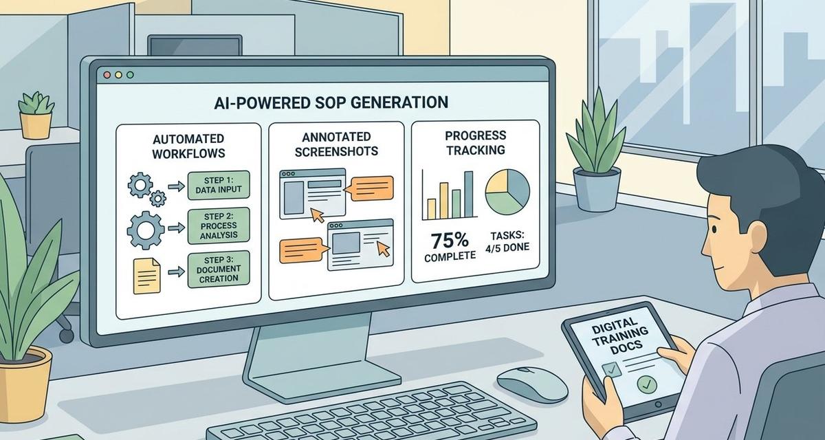 A professional at a desk viewing an AI-powered SOP dashboard on a monitor, displaying automated step-by-step workflow guides with annotated screenshots and a progress tracking panel, with a colleague reviewing a digital training document on a tablet in the background.