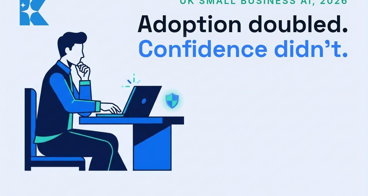 Illustration of a UK small business owner thoughtfully using a laptop with an AI icon and a security shield icon beside it