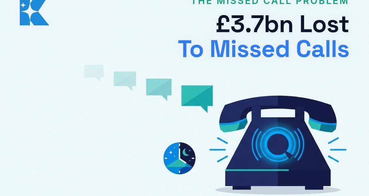 Flat vector illustration of a ringing desk telephone with speech bubbles fading away, headline reading £3.7bn Lost To Missed Calls