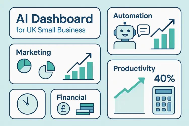 Digital business dashboard showing AI automation tools with chatbot icons, analytics graphs trending upward, and productivity metrics displaying 40% increase for UK small businesses.