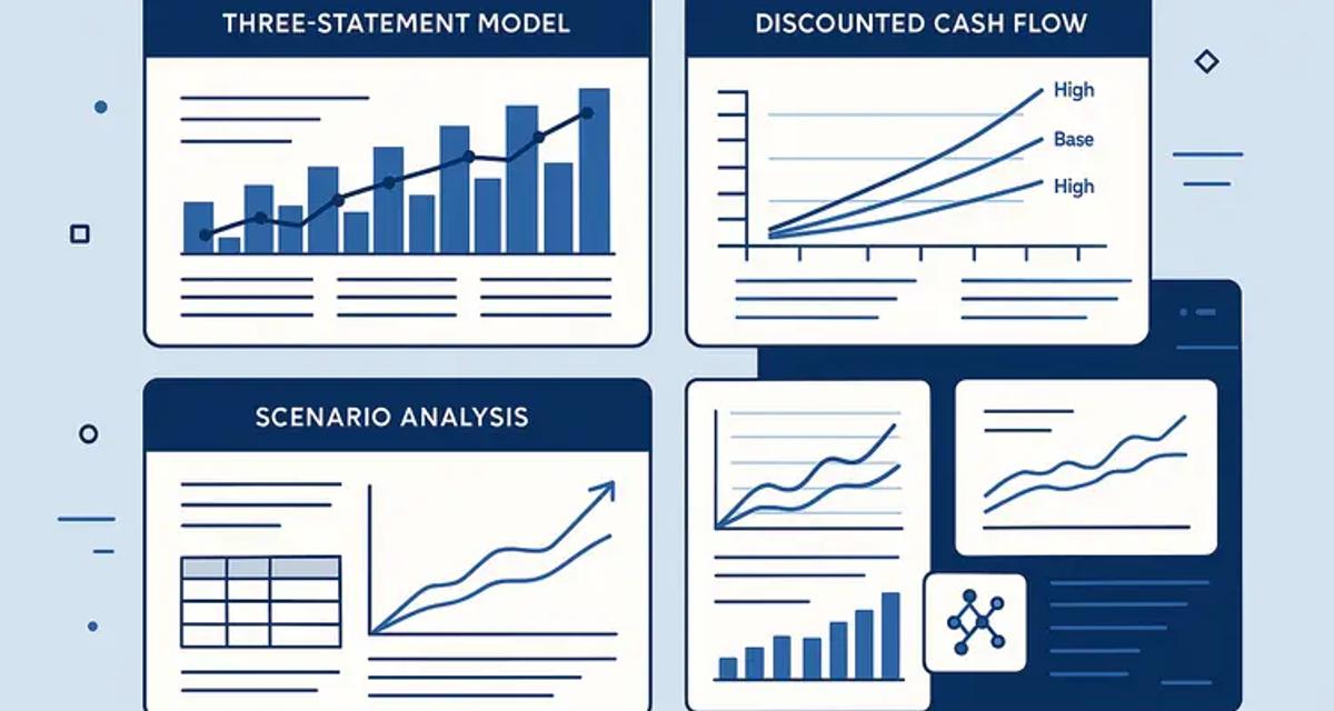 Professional financial modeling dashboard showing interactive charts with three-statement models, cash flow projections, and AI-powered analytics displayed on modern digital screens with blue data visualizations.