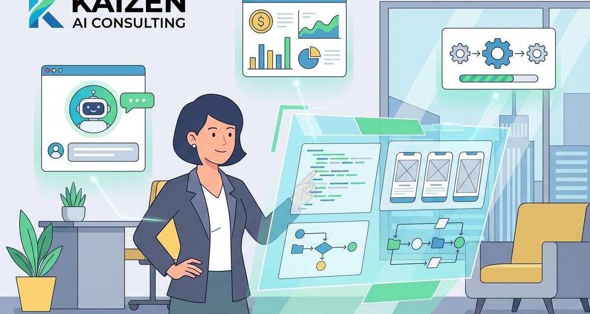 Business professional in a modern office using a glowing AI-powered interface to build custom applications, surrounded by floating holographic panels showing a chatbot, financial dashboard, and automation workflow diagrams.