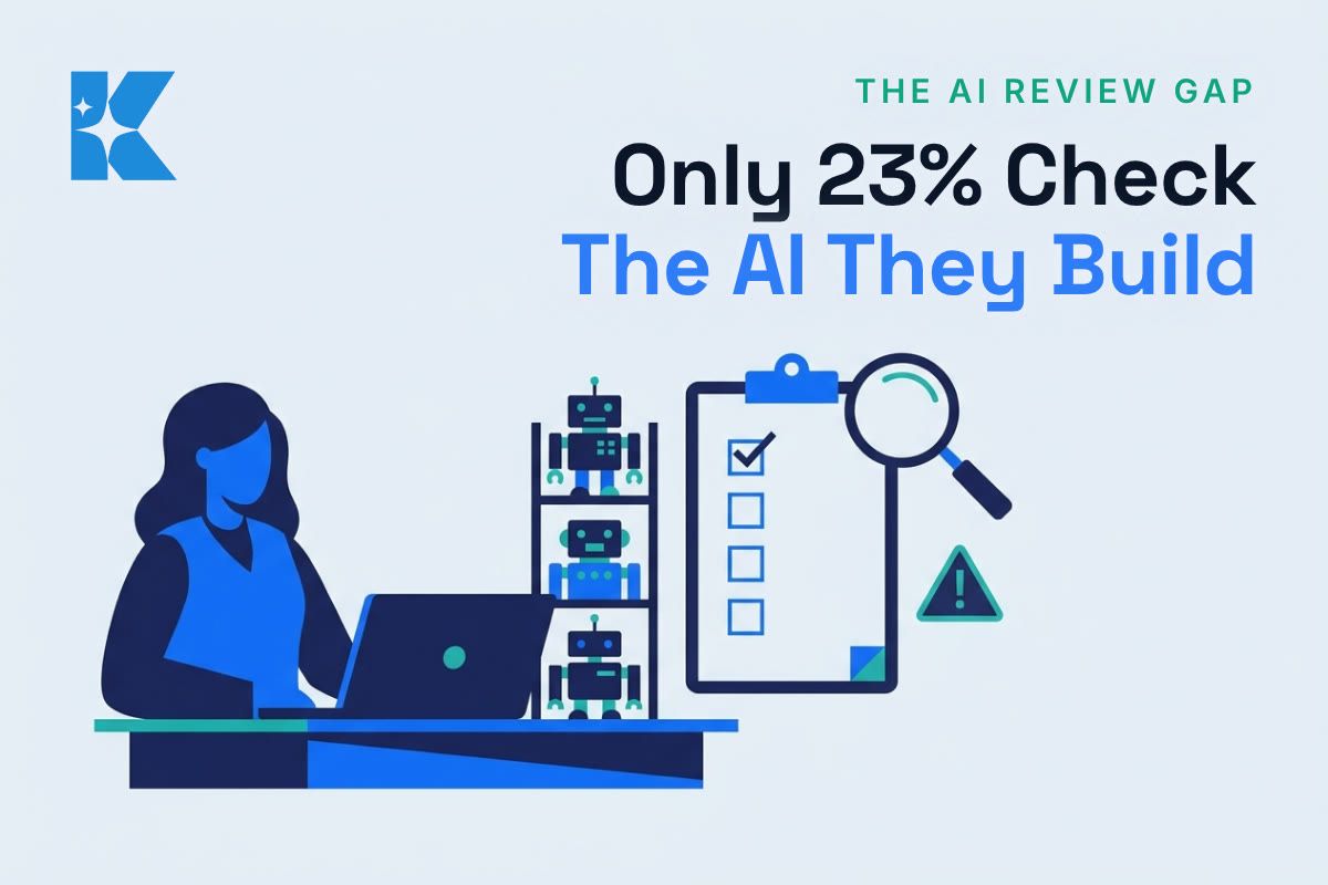 Flat illustration of a business owner at a laptop beside a shelf of small robots and a checklist with one box ticked under a magnifying glass