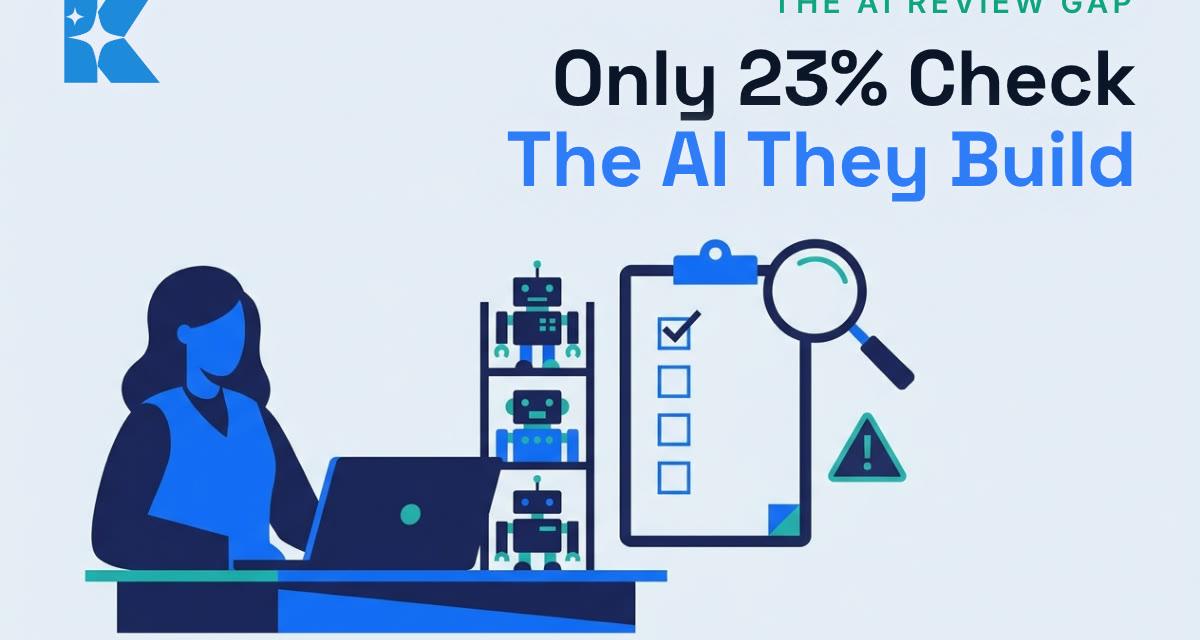 Flat illustration of a business owner at a laptop beside a shelf of small robots and a checklist with one box ticked under a magnifying glass