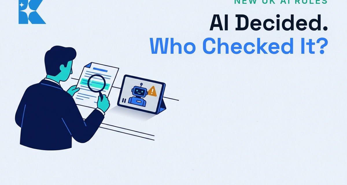 A UK small business owner reviewing an AI decision with a magnifying glass, symbolising human oversight of automated decisions