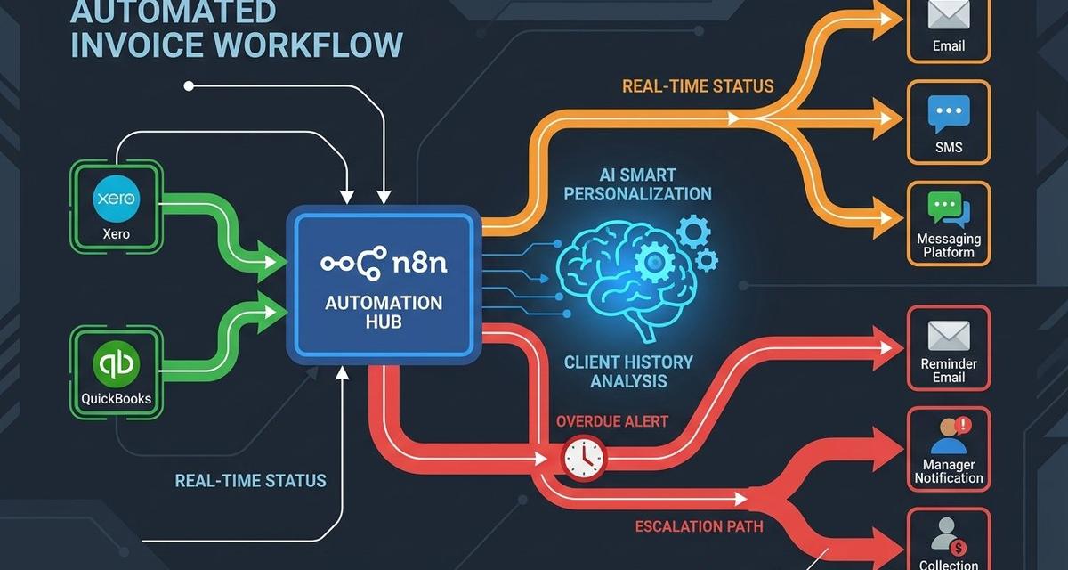 A dark-themed n8n workflow automation dashboard showing connected nodes linking accounting software icons to email, SMS, and messaging channels, with colour-coded overdue invoice alerts and escalation paths flowing between them.