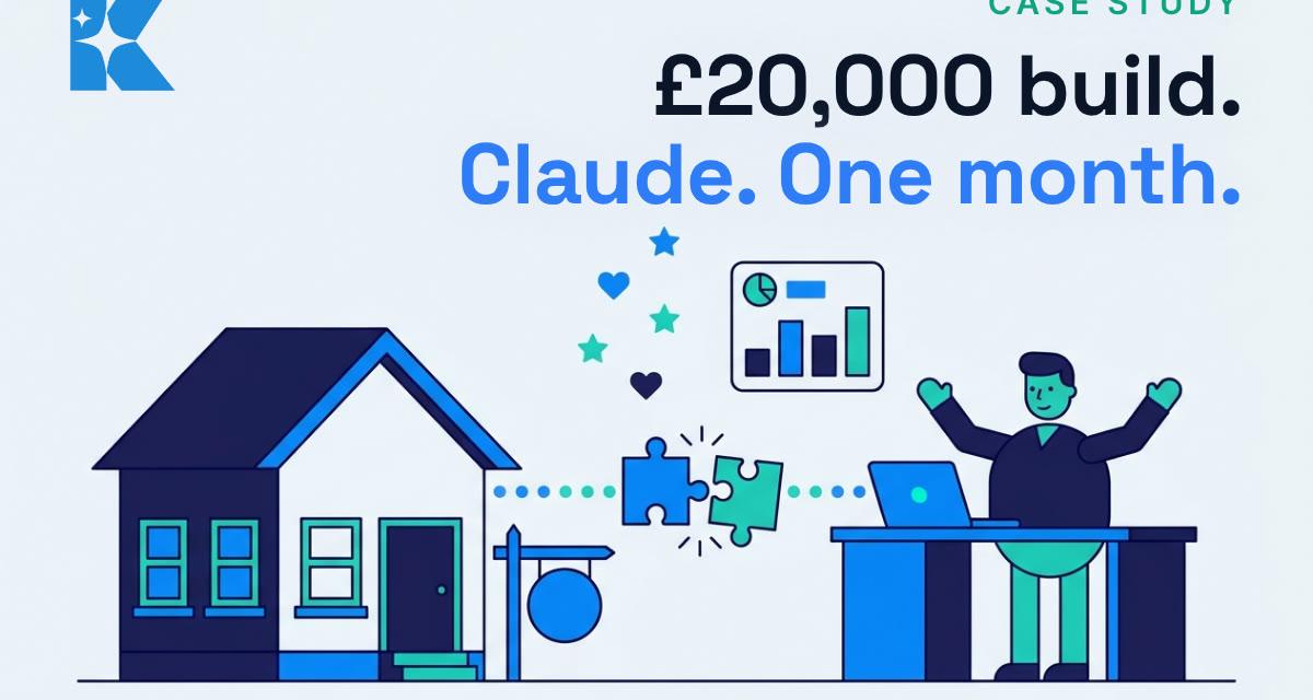 Flat illustration of a house with a for-sale sign linked by puzzle pieces to an estate agent at a laptop, with the headline £20,000 build, Claude, one month