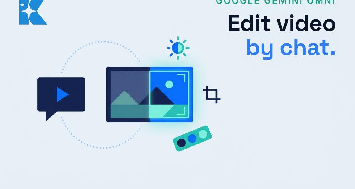 Flat vector illustration of conversational AI video editing with a chat bubble and split before/after video frame
