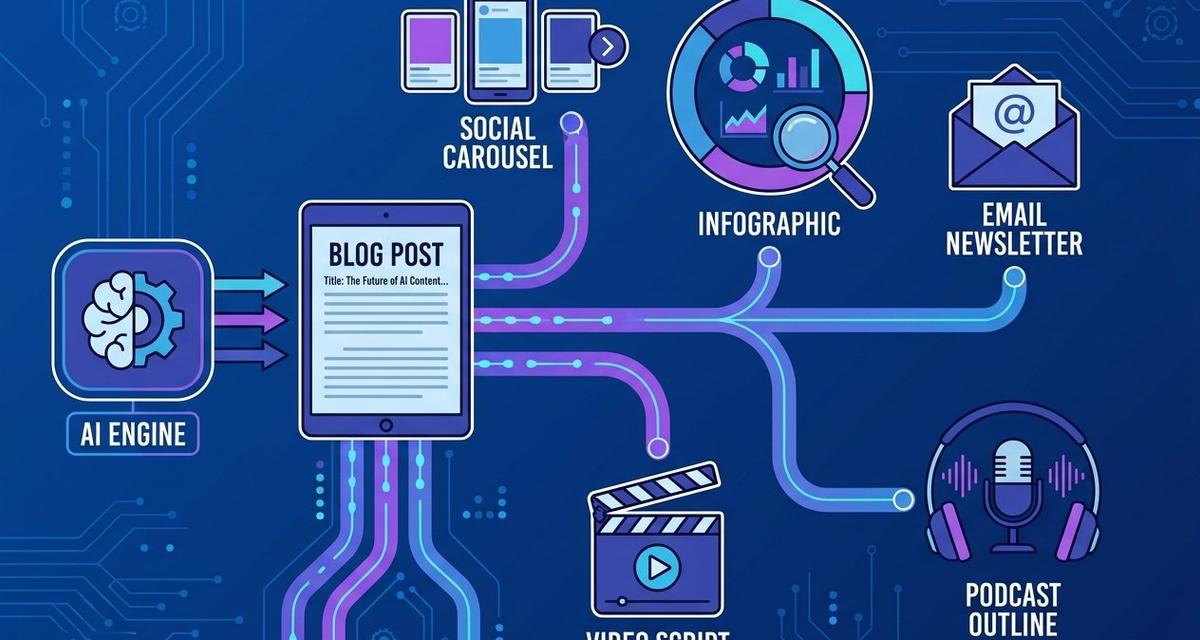 A digital illustration of an AI-powered content repurposing workflow, showing a central blog post document branching out into ten content formats including social media carousels, email newsletters, video scripts, and infographics, connected by glowing blue and purple data streams on a dark background.