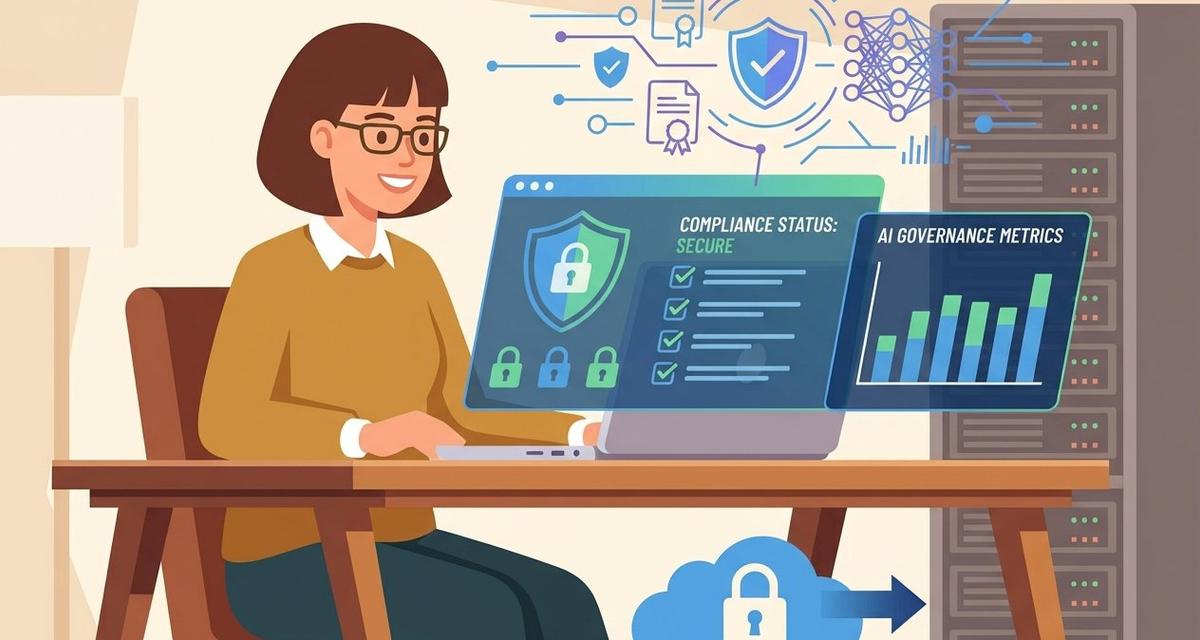 A small business owner sitting at a desk reviewing an AI compliance dashboard on a laptop, surrounded by floating digital icons including padlocks, shield symbols, and checklist graphics representing GDPR data protection obligations.
