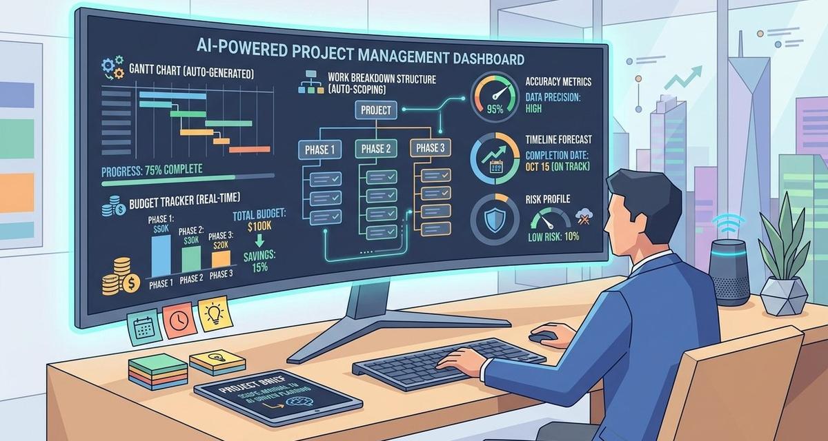 A professional at a desk reviewing an AI-generated project scoping dashboard displaying Gantt charts, budget trackers, risk profiles, and a structured work breakdown on a large monitor.