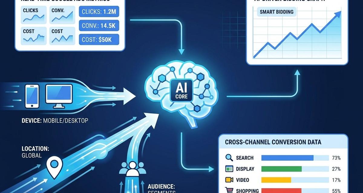A digital AI marketing dashboard showing Google Ads performance metrics including conversion rates, smart bidding graphs, and multi-channel data visualisations in blue and white tones.