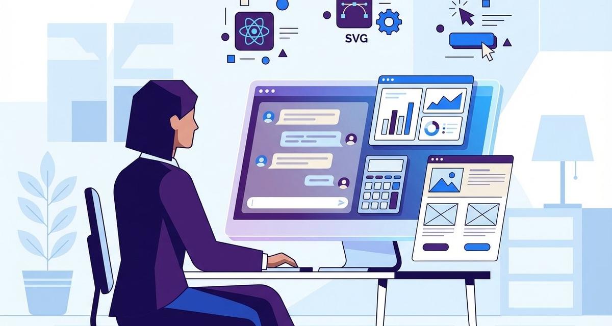 A professional at a modern desk engaging with a luminous AI chat interface from which colorful dashboard panels, calculator widgets, and web application wireframes emerge, surrounded by floating icons representing React components and SVG graphics against a deep purple and blue gradient background.