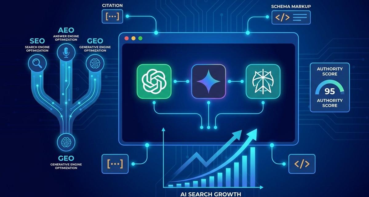 A futuristic digital marketing dashboard featuring ChatGPT, Gemini, and Perplexity AI logos connected by glowing data nodes, upward-trending search analytics charts, and GEO strategy icons on a dark blue background.