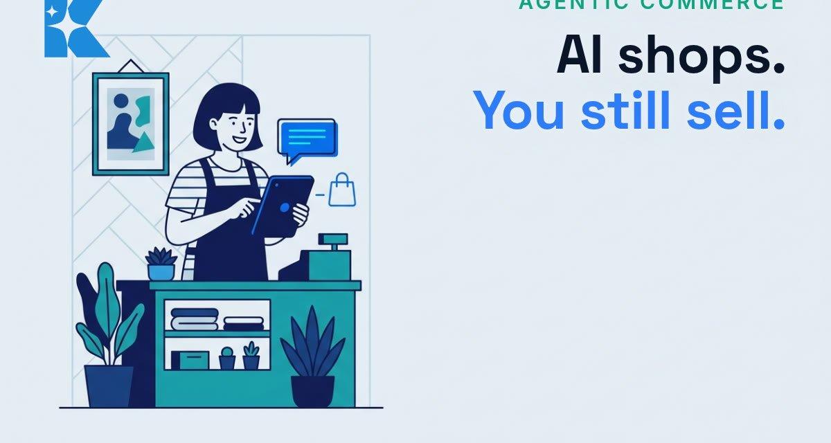 Flat vector illustration of a UK shop owner using a tablet showing an AI chat bubble and shopping bag icon, next to the headline AI shops, you still sell