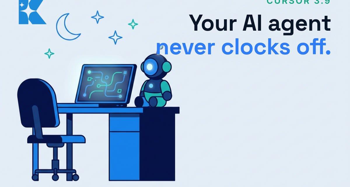 Flat vector illustration of a small AI robot working alone at a desk at night beside a glowing laptop, representing an always-on AI agent