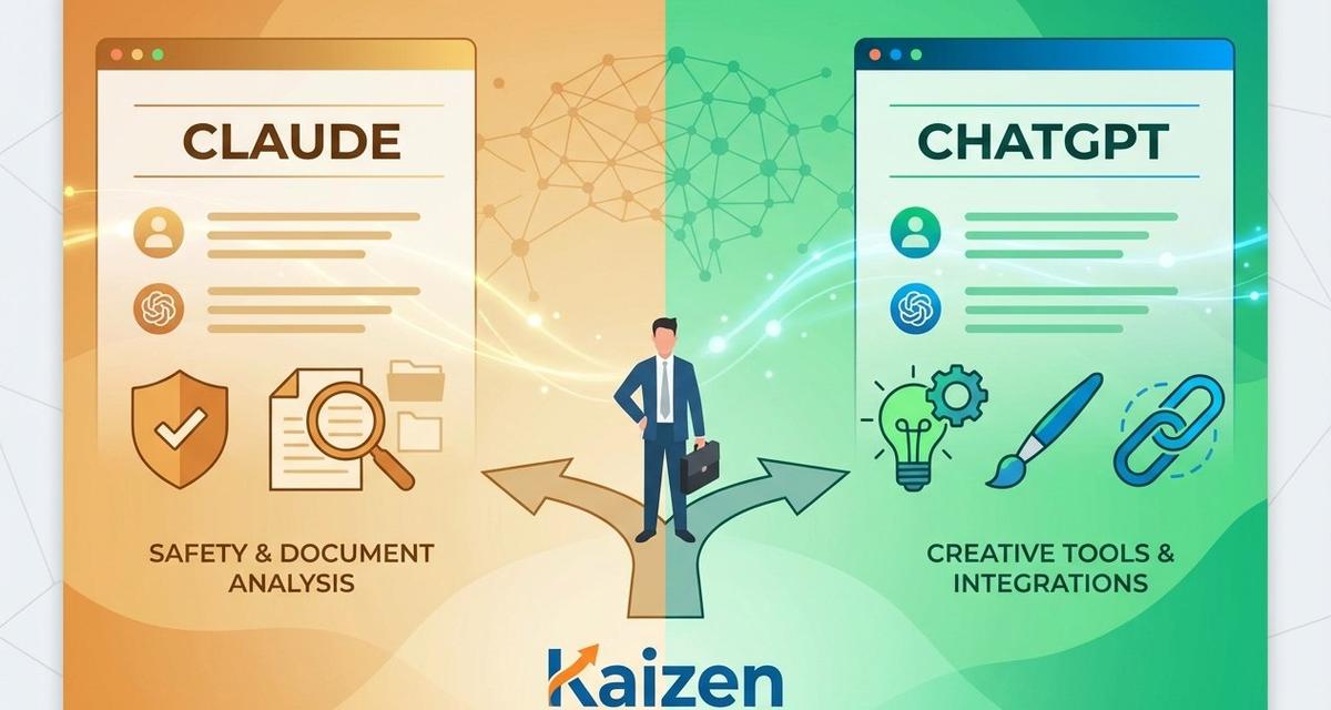 Split-screen digital illustration comparing Claude and ChatGPT AI assistants, with a business professional standing at a central crossroads between an amber-toned safety-focused interface on the left and a green-toned creativity-focused interface on the right, connected by abstract neural network patterns.