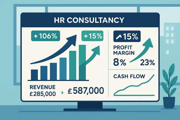 Business dashboard displaying upward trending financial graphs showing HR consultancy revenue growth from £285,000 to £587,000 and profit margins increasing from 8% to 23% with green and blue data visualization elements.