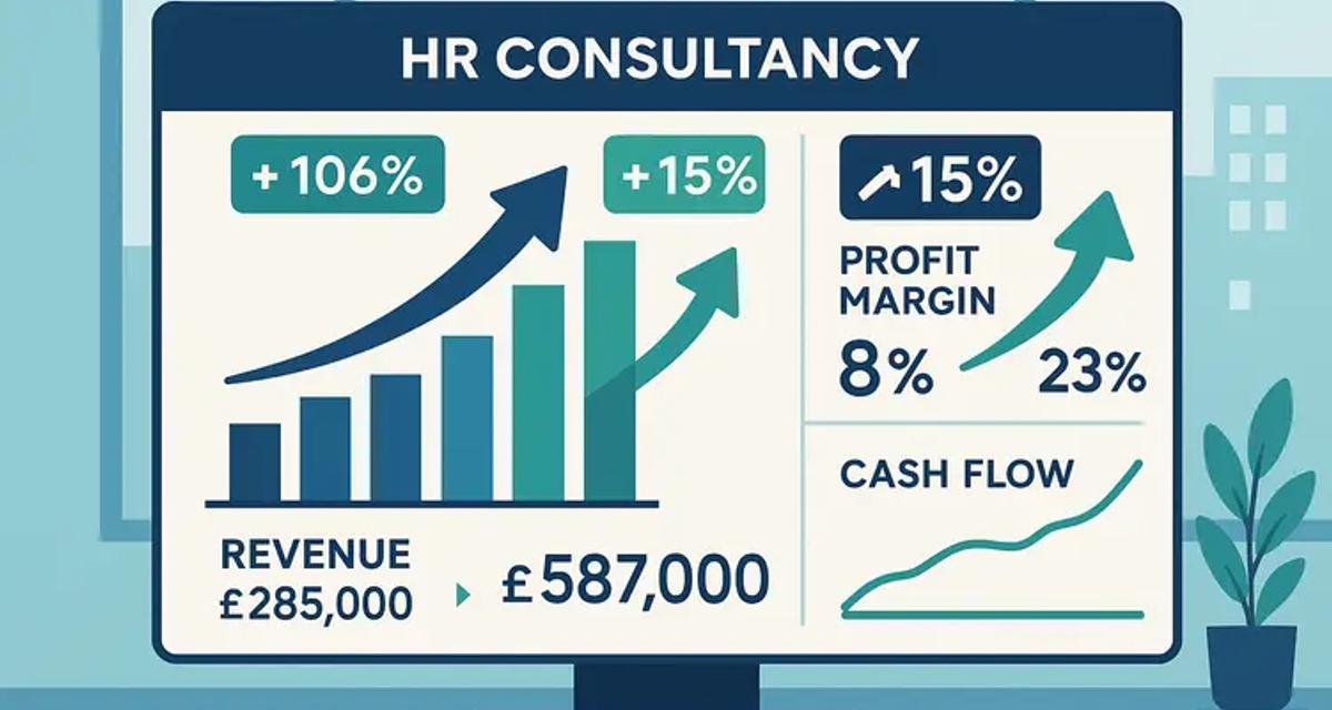 Business dashboard displaying upward trending financial graphs showing HR consultancy revenue growth from £285,000 to £587,000 and profit margins increasing from 8% to 23% with green and blue data visualization elements.