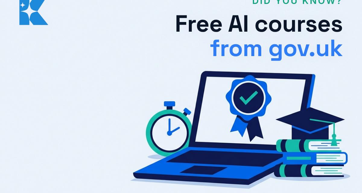 Illustration of a laptop showing an award badge with a tick, a stopwatch and a stack of books with a graduation cap, under the headline Free AI courses from gov.uk
