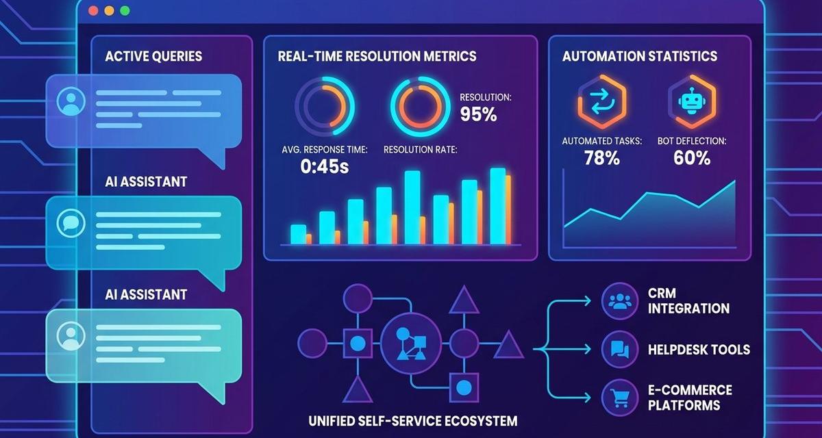 A futuristic AI customer support dashboard showing an automated FAQ chatbot interface with live chat windows, resolution rate graphs, and integration icons for CRM and helpdesk platforms displayed on a dark blue digital screen.