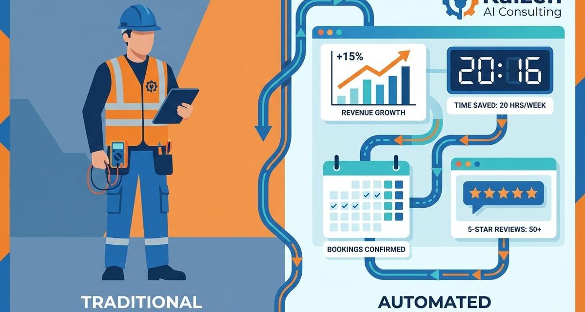 Split-screen image showing a professional electrician in high-visibility work gear alongside glowing digital automation dashboards displaying scheduling systems, invoicing interfaces, and performance metrics with upward trending graphs.