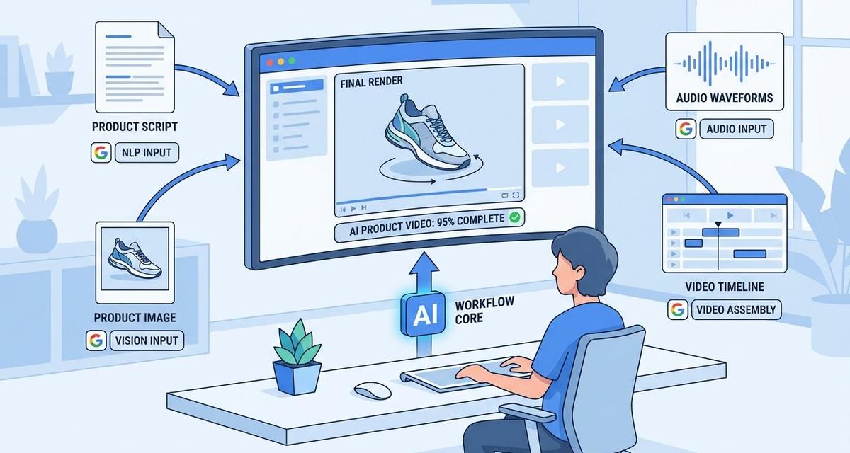 A small business owner sits at a modern desk in front of a widescreen monitor displaying a professional AI-generated product video, surrounded by floating interface icons representing text, image, audio, and video inputs merging into a unified Google Gemini Omni editing pipeline.