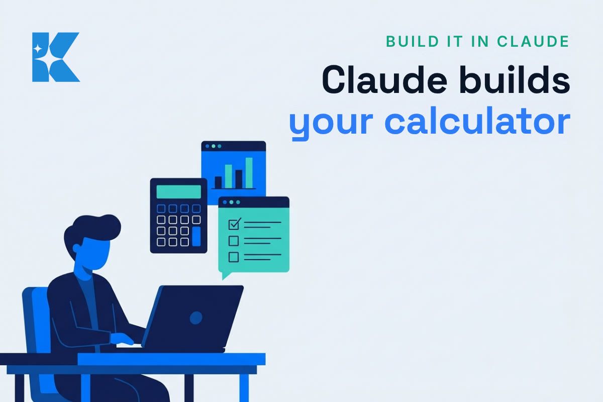 Illustration of a small business owner at a laptop with a calculator, bar chart and form floating above the screen