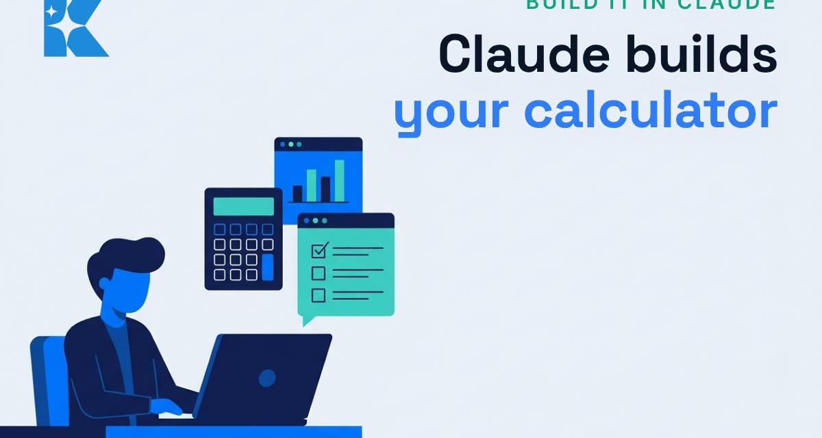 Illustration of a small business owner at a laptop with a calculator, bar chart and form floating above the screen
