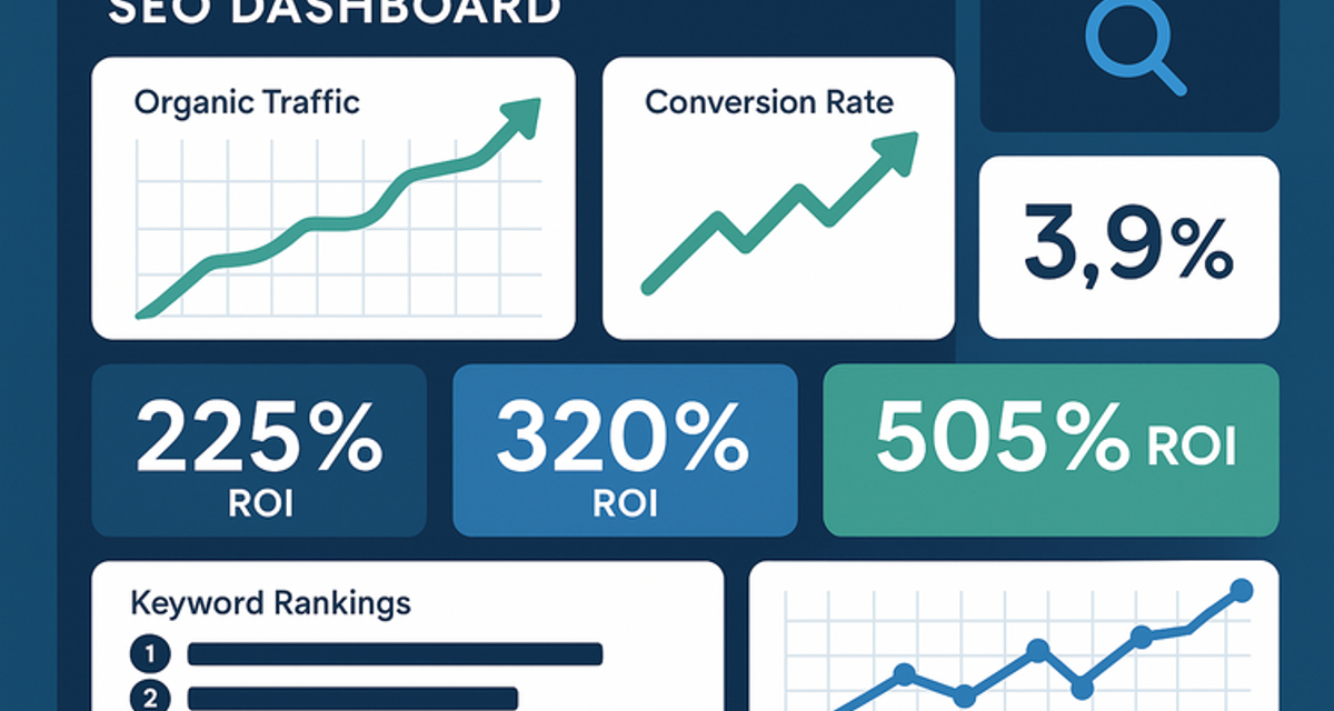 Analytics dashboard showing upward trending SEO performance graphs with ROI percentages, organic traffic metrics, and keyword ranking data displayed on a modern interface with blue and green data visualizations.