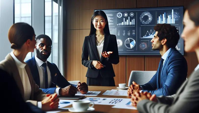 Professional business consultant presenting strategic analysis and growth charts to UK company executives in modern boardroom meeting