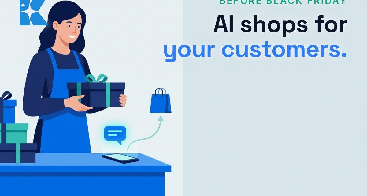 A UK small business owner holding a wrapped gift box beside a phone showing an AI shopping assistant chat icon, illustrating AI shopping assistants ahead of Black Friday