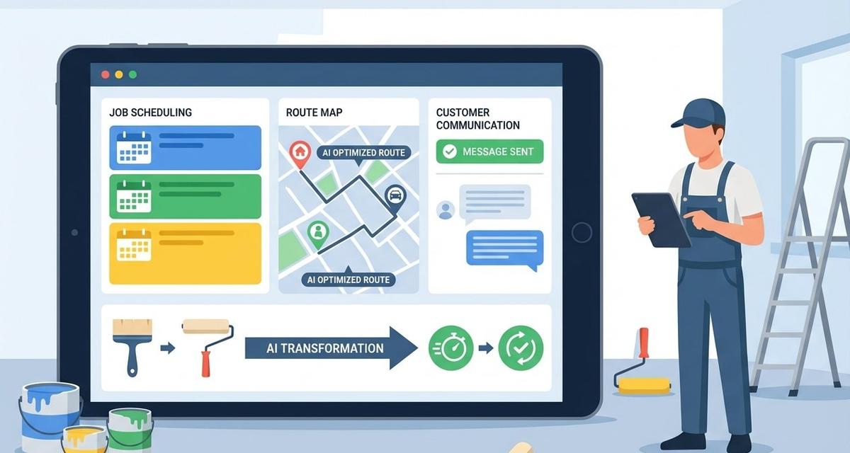 A professional decorator in white work overalls reviewing an AI-powered scheduling dashboard on a tablet, showing colour-coded job slots, route optimisation maps, and automated customer message notifications in a freshly painted interior space.