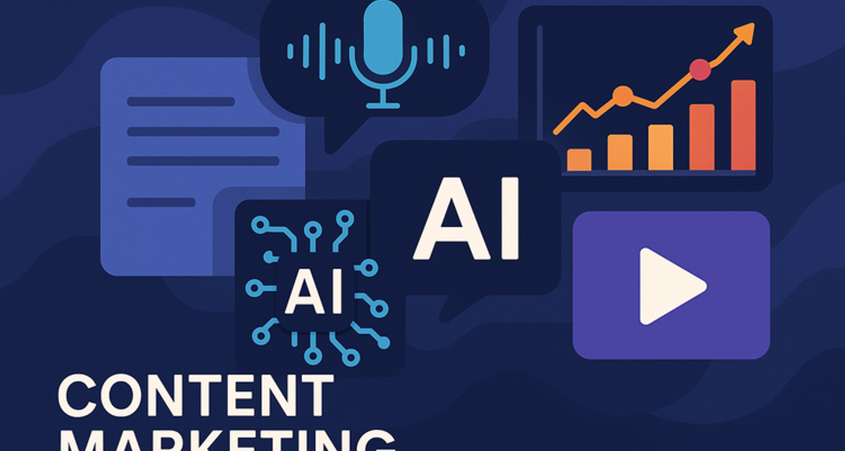 Modern digital marketing dashboard displaying AI-powered tools, video content icons, analytics graphs, and voice search symbols representing 2025 content marketing trends for UK small businesses.