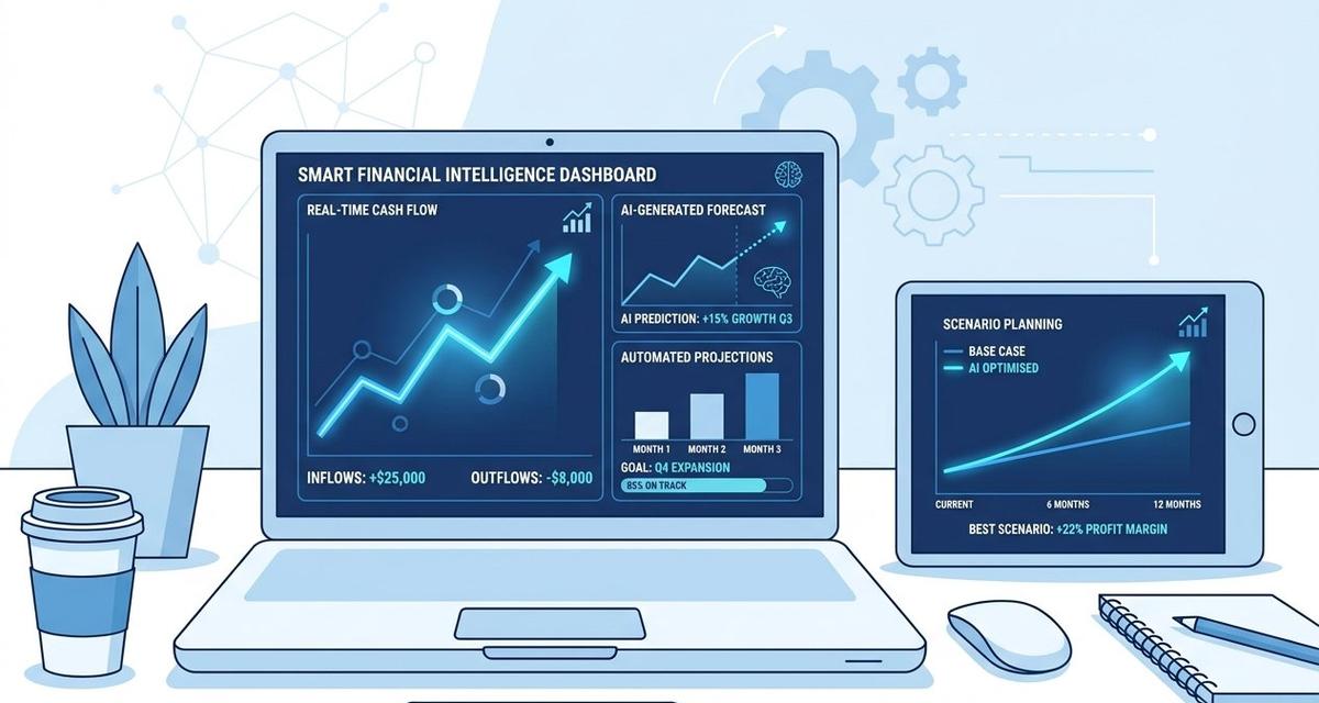 A laptop and tablet displaying an AI-powered cash flow forecasting dashboard with real-time graphs, upward-trending financial projections, and automated scenario planning charts in a blue and white interface on a modern office desk.