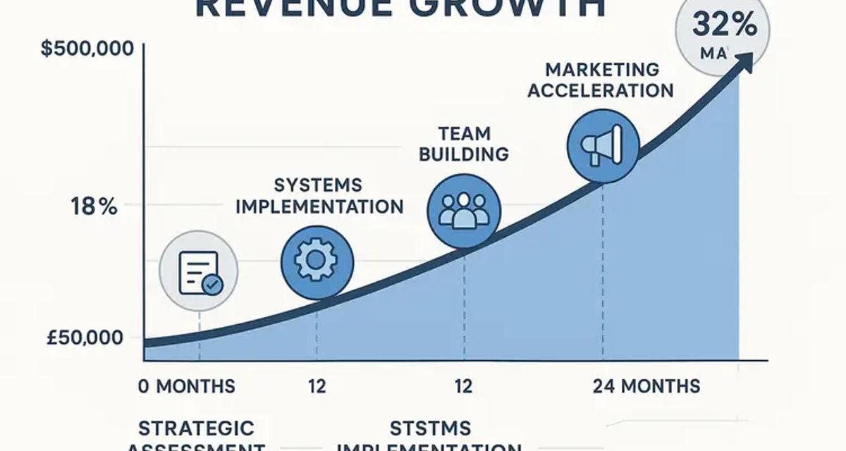 Upward trending business growth chart showing revenue increase from £50,000 to £500,000 over 24 months with four phase markers and profit margin percentages rising from 18% to 32%
