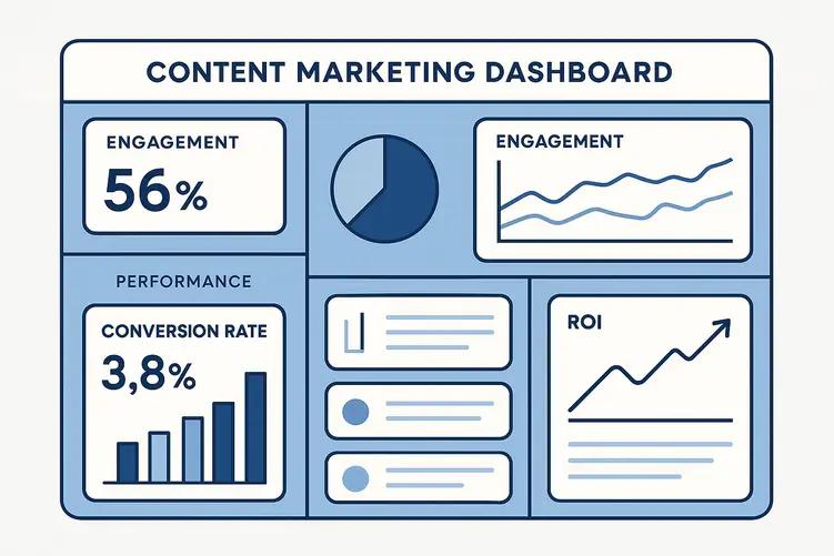 Digital analytics dashboard showing content marketing KPI metrics, engagement graphs, conversion rates, and performance charts for business measurement.